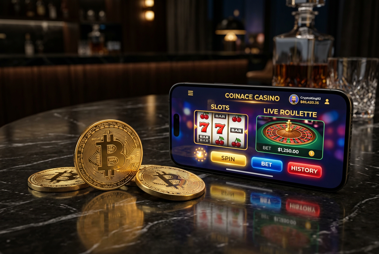 Bitcoin coins and a smartphone showing a casino interface