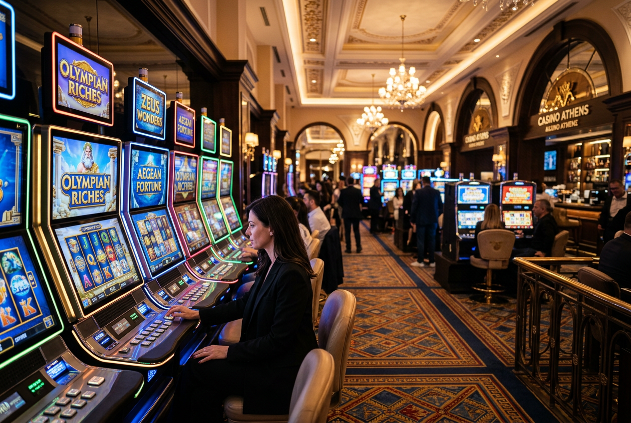 Luxury casino interior with modern slot machines.